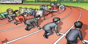 People at start of race with men facing no barriers and women having barriers of domestic work