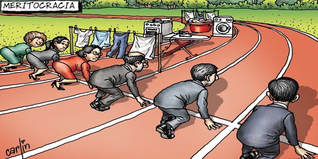 Cartoon of start of race with men having clear lanes to run in and women having lanes full of washing and domestic equipment creating barriers and disadvantage to winning race
