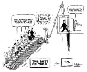 Cartoon of people going up escalator slowly compared to person going quickly to the top in a lift